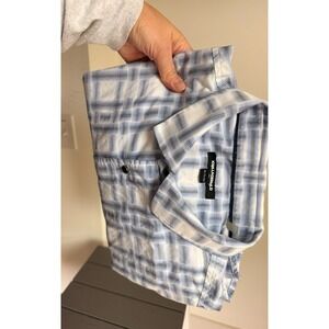 Men's XL Karl Lagerfeld short-sleeve, white blue plaid cotton shirt snap‎ button
